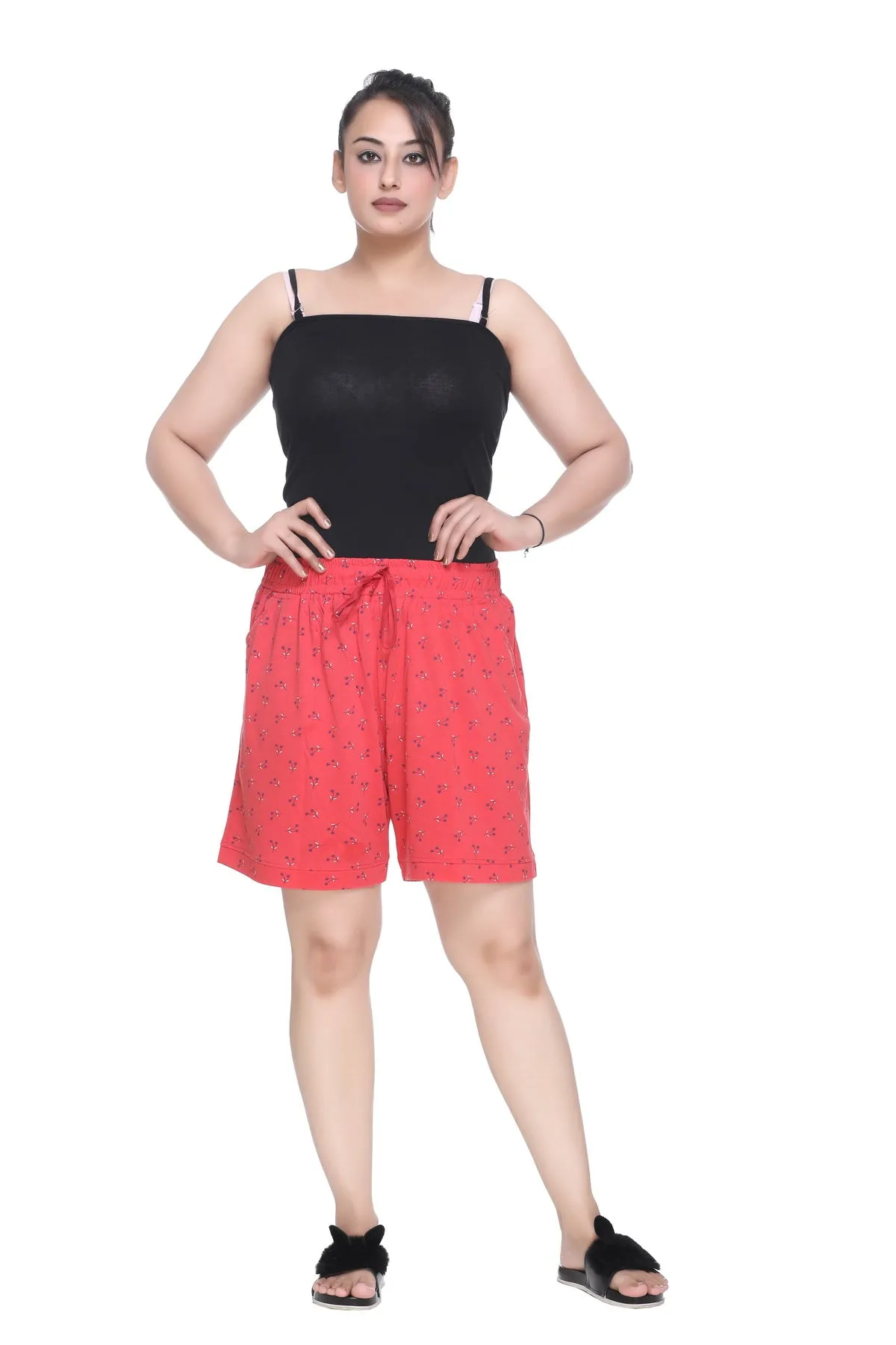 Plus Size Cotton Shorts For Women - Printed Bermuda Combo (Coral Red & Navy Blue)