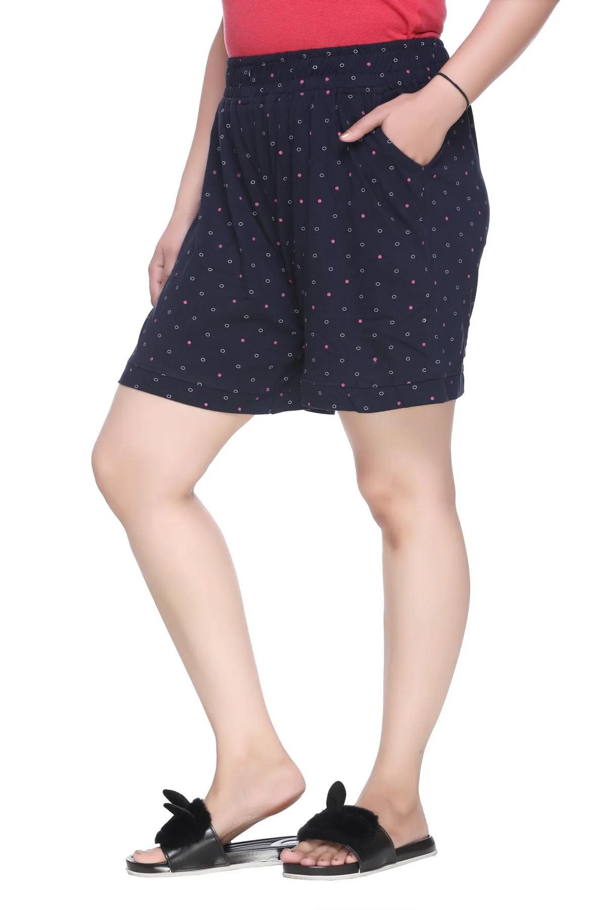 Plus Size Cotton Shorts For Women - Printed Bermuda Combo (Coral Red & Navy Blue)