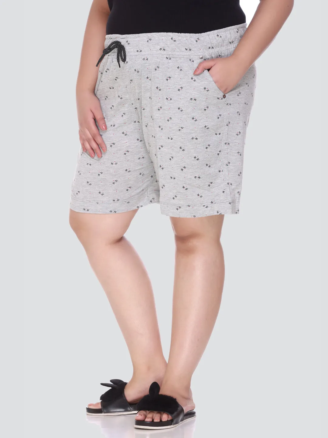 Plus Size Cotton Shorts For Women - Printed Bermuda - Grey