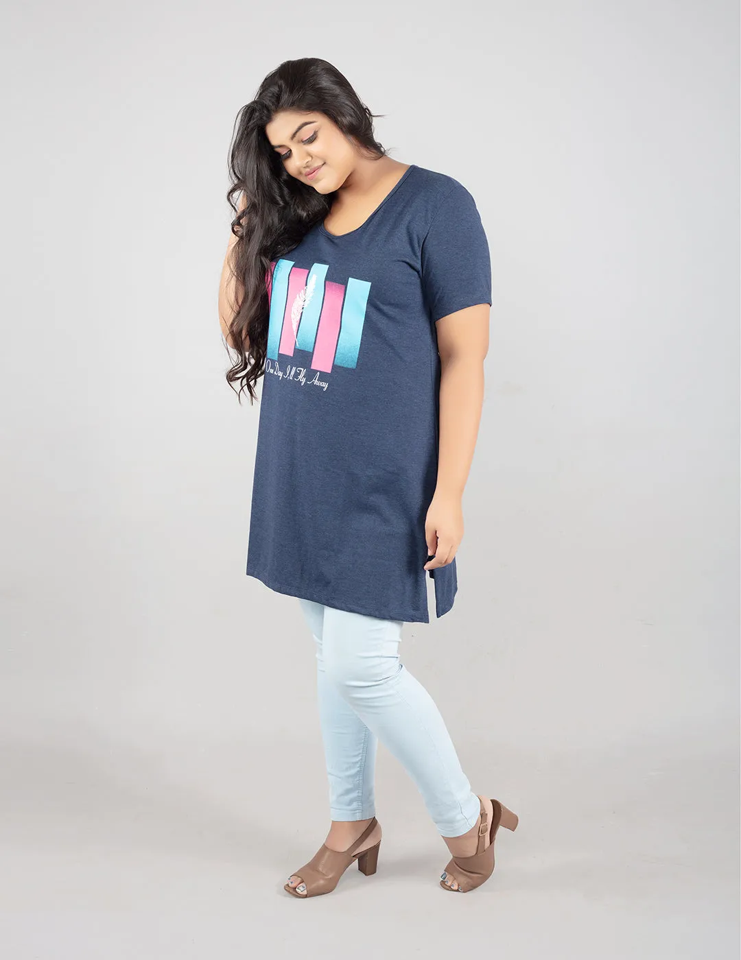 Plus Size Long T-shirt For Women - Half Sleeve - Denim Blue