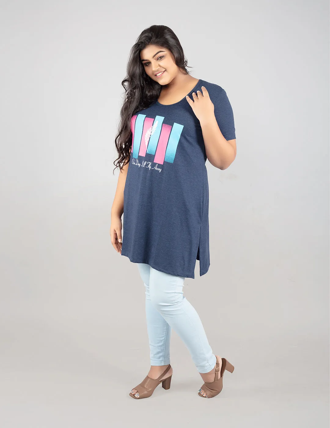 Plus Size Long T-shirt For Women - Half Sleeve - Denim Blue