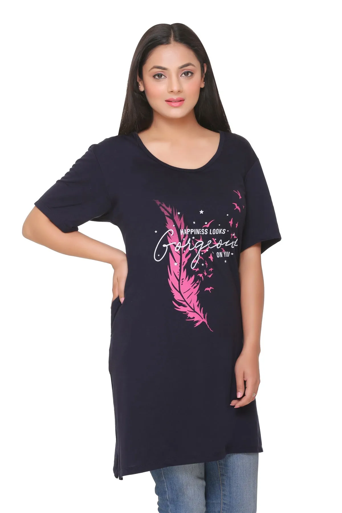 Plus Size Long T-shirts For Women - Half Sleeve - Pack of 2 (Navy Blue & Punch Pink)