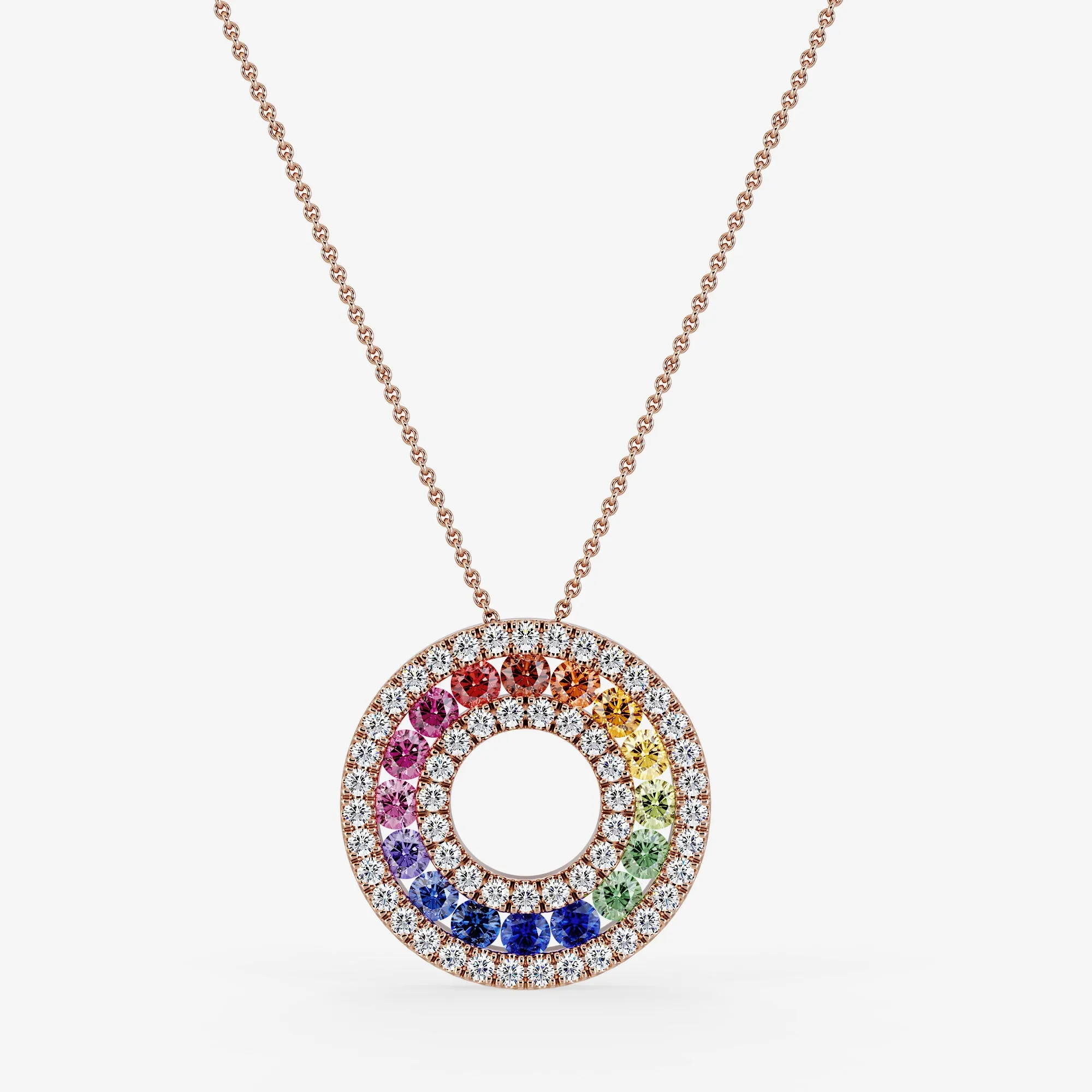 Rainbow Mini Pendant Necklace Brilliant Cut Diamond & Sapphire 14K and 18K Rose Gold