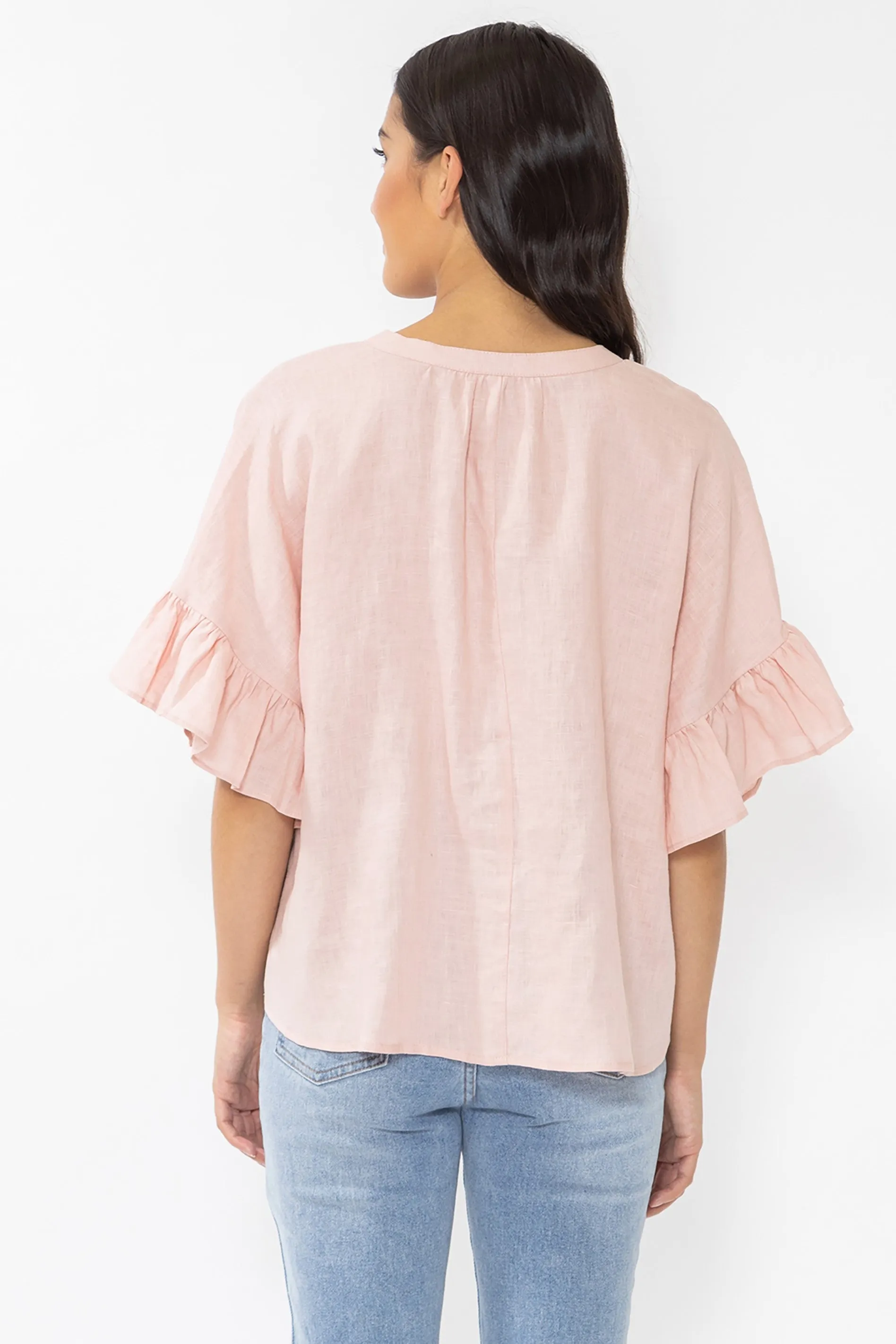 Riverstone Pink Linen Buttoned V Neck Frill Sleeve Shirt