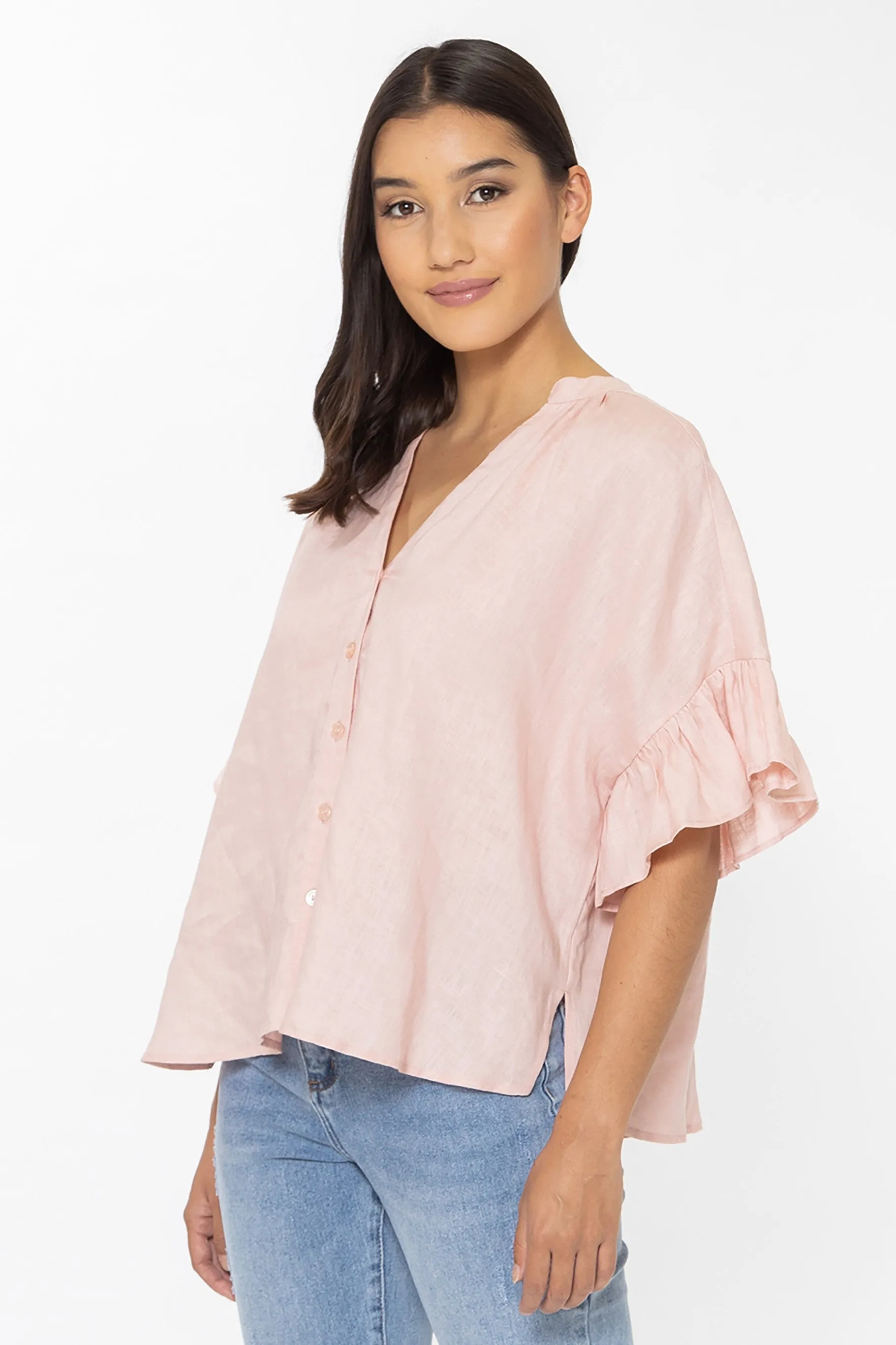 Riverstone Pink Linen Buttoned V Neck Frill Sleeve Shirt