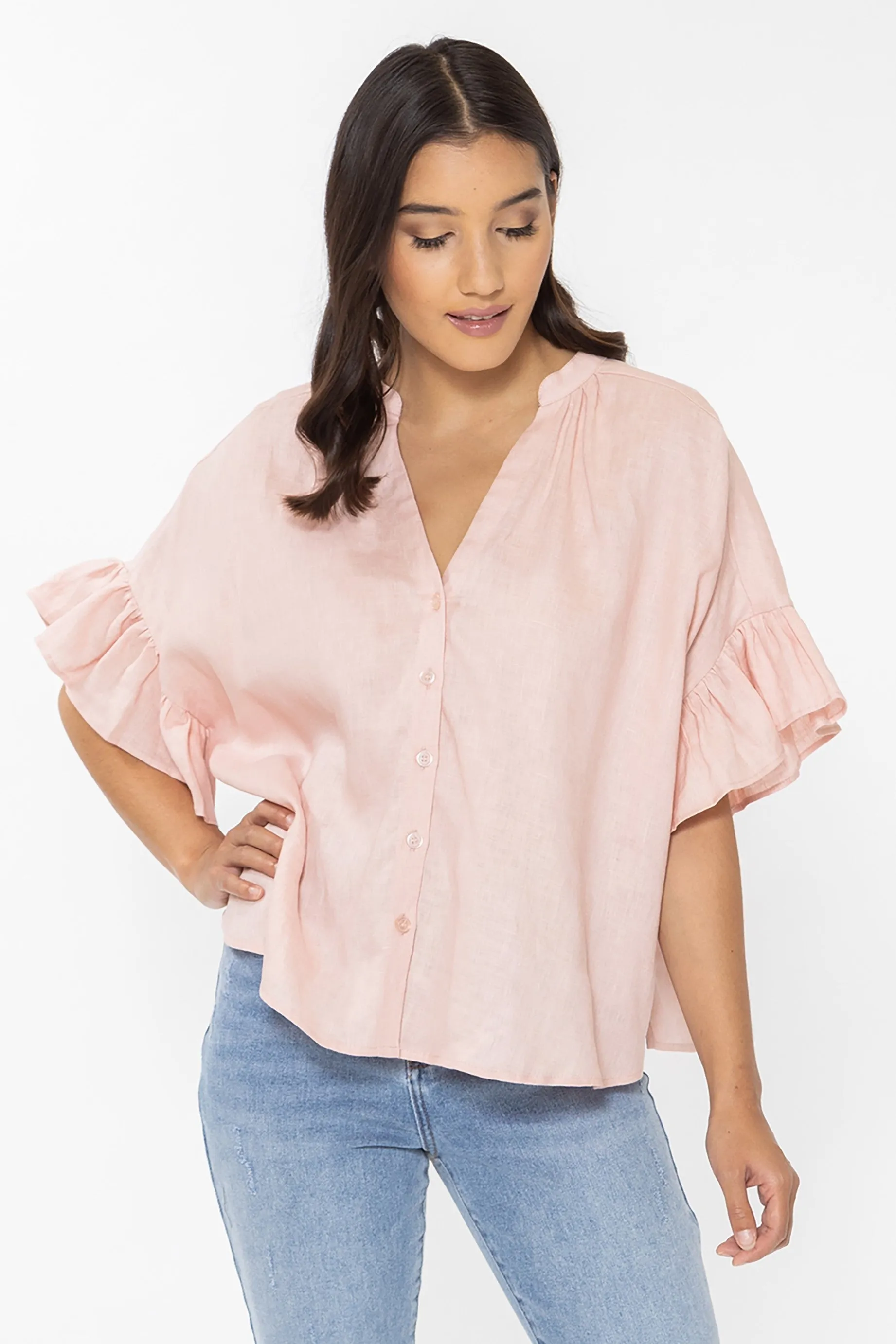 Riverstone Pink Linen Buttoned V Neck Frill Sleeve Shirt