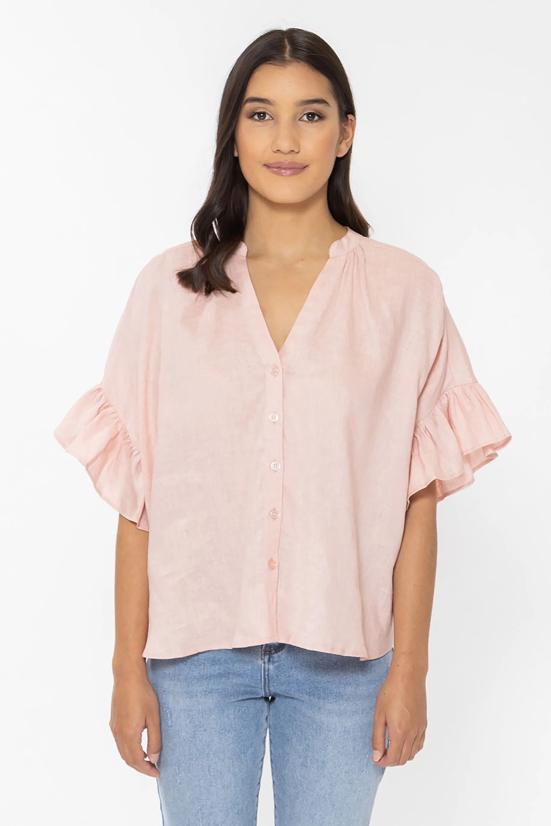 Riverstone Pink Linen Buttoned V Neck Frill Sleeve Shirt