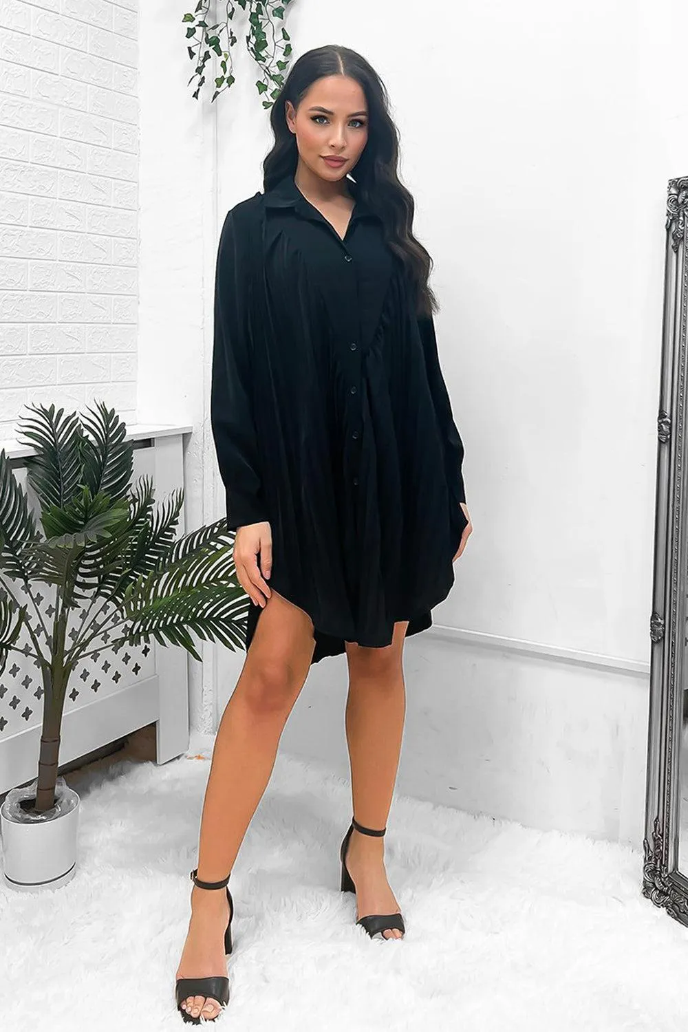 Satin Finish Pleated Shirt Dress