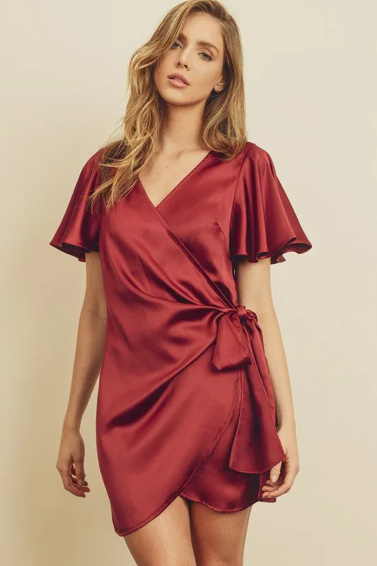 Satin Tulip Wrap Dress - Black & Burgundy