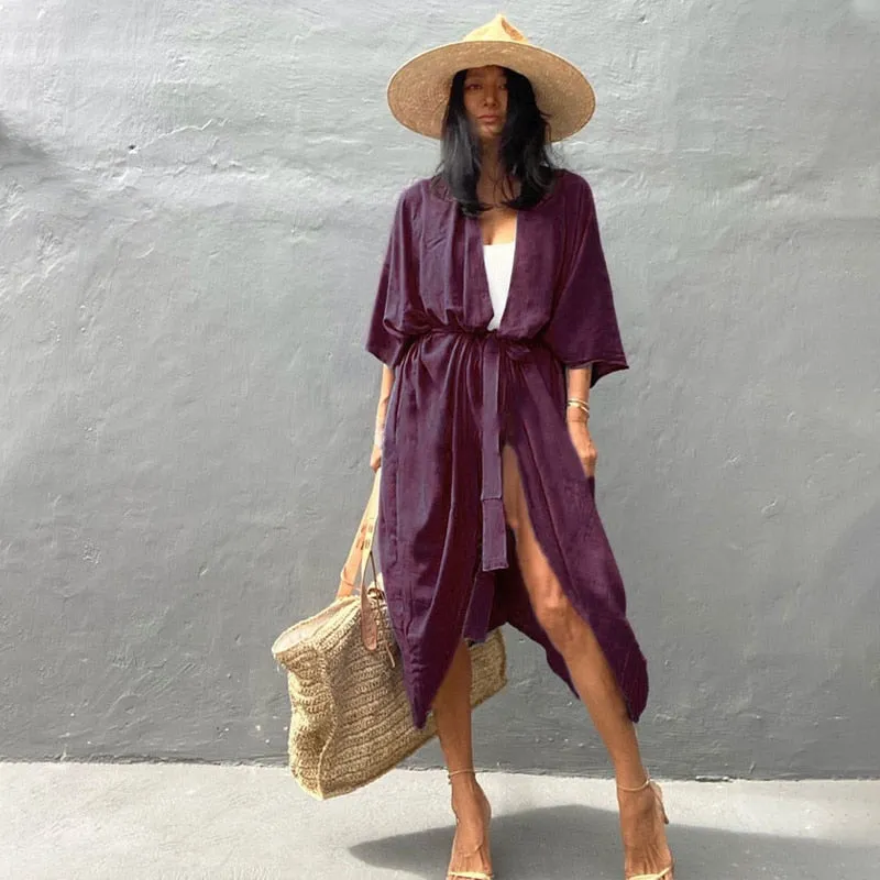 Sexy Solid Retro Purple Long Kimono Self Belted Dress Tunic Women Summer Clothing Plus Size Becahwear Maxi Dresses A1053