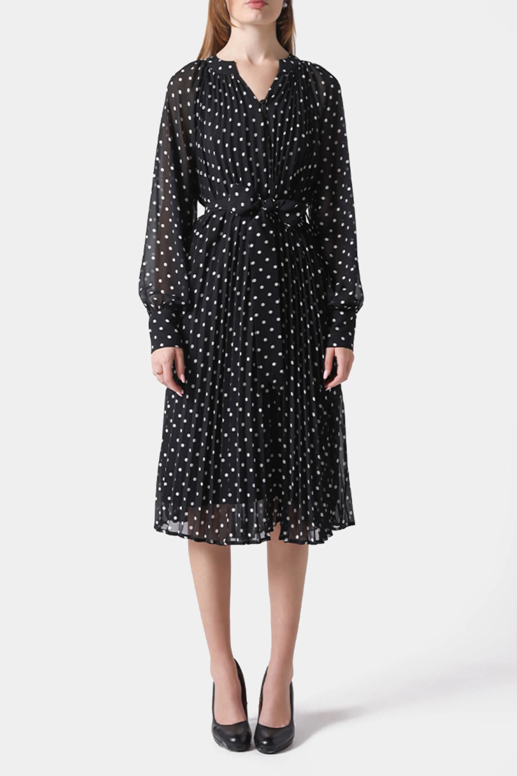 Sheer Sleeve Polka Dot Pleated Dress