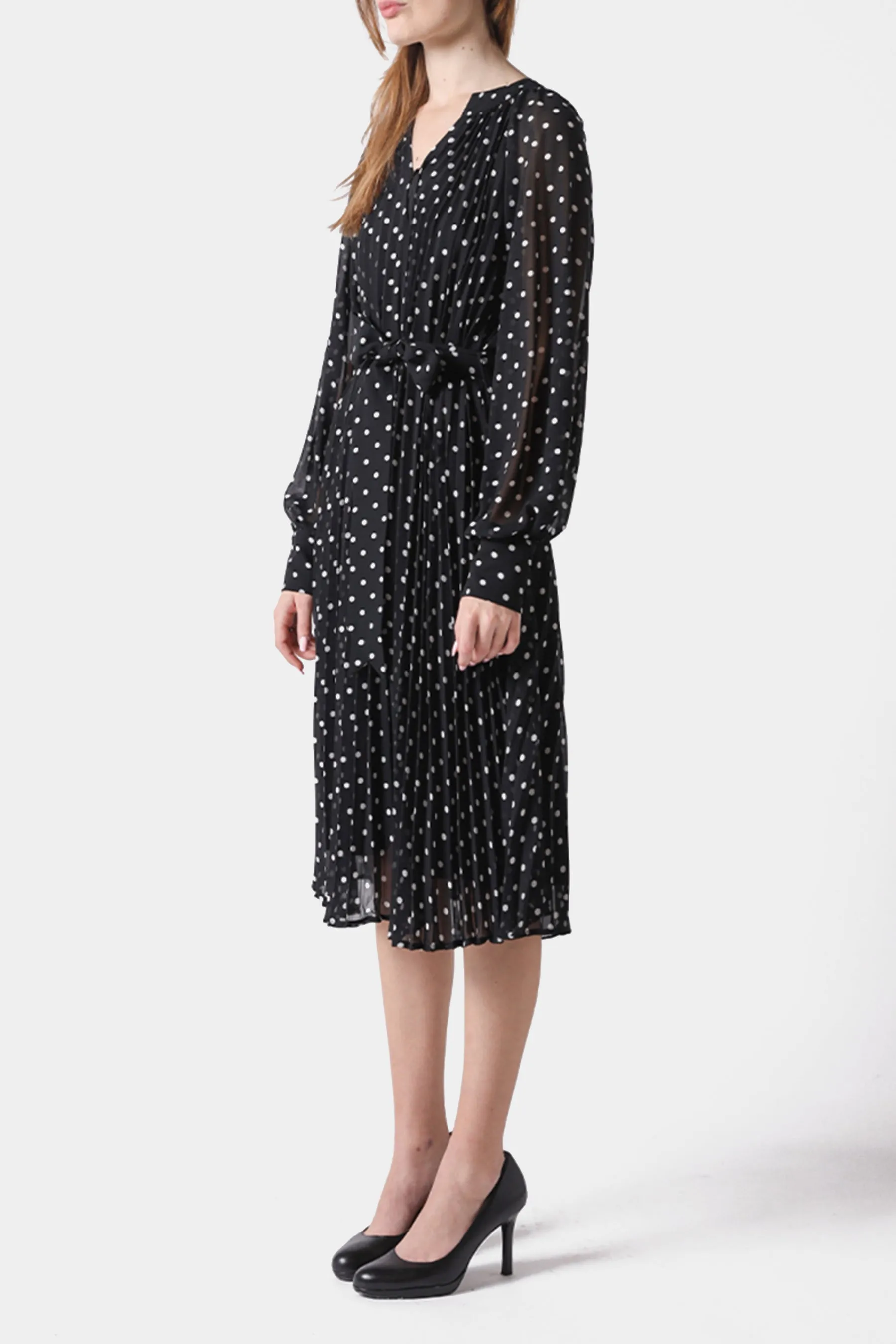 Sheer Sleeve Polka Dot Pleated Dress