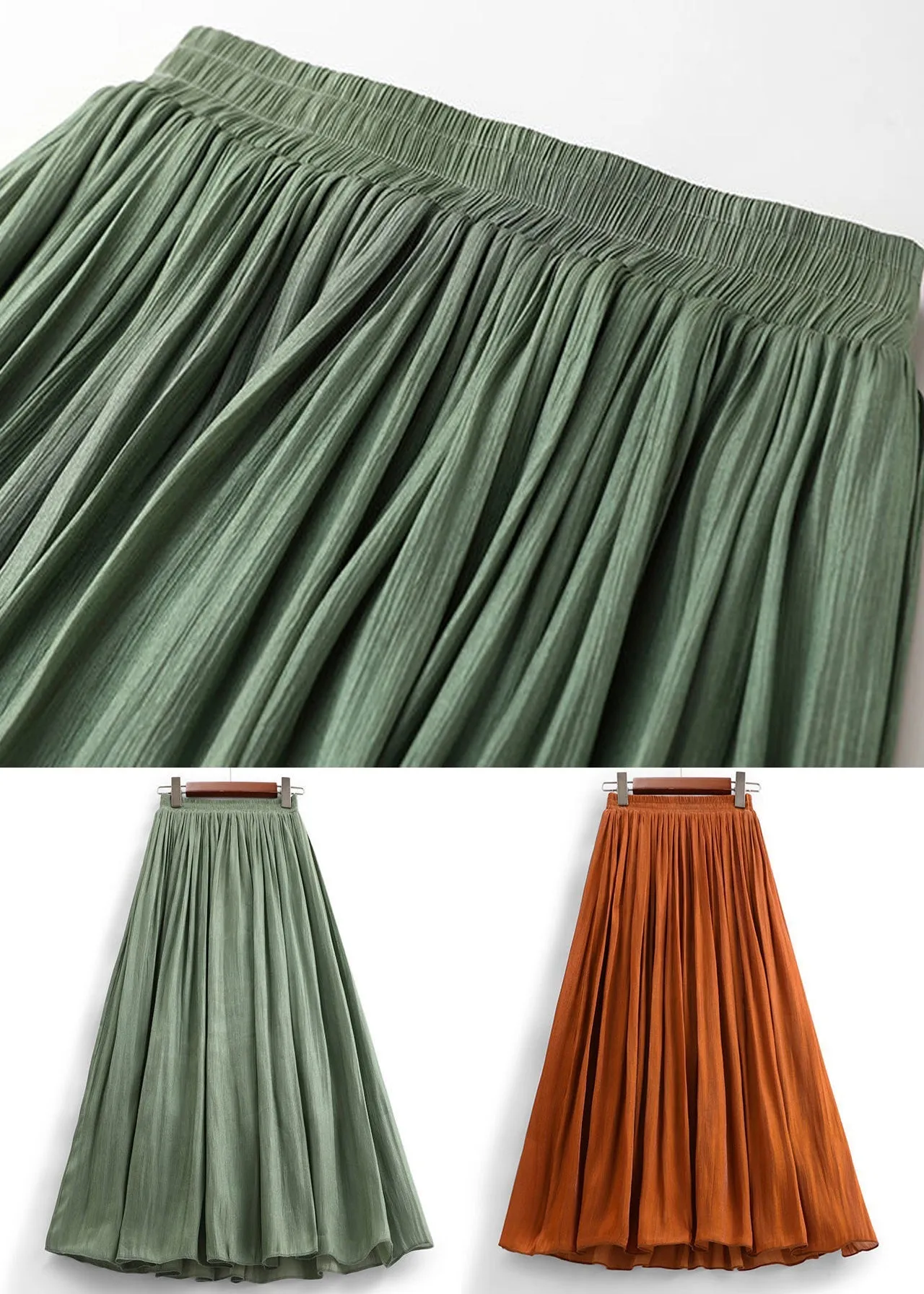 Simple Green Solid Elastic Waist Cotton Skirt Summer AS1048