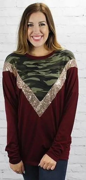 S,L : Maroon Long Sleeve Top with Camo & Sequin V-Neck