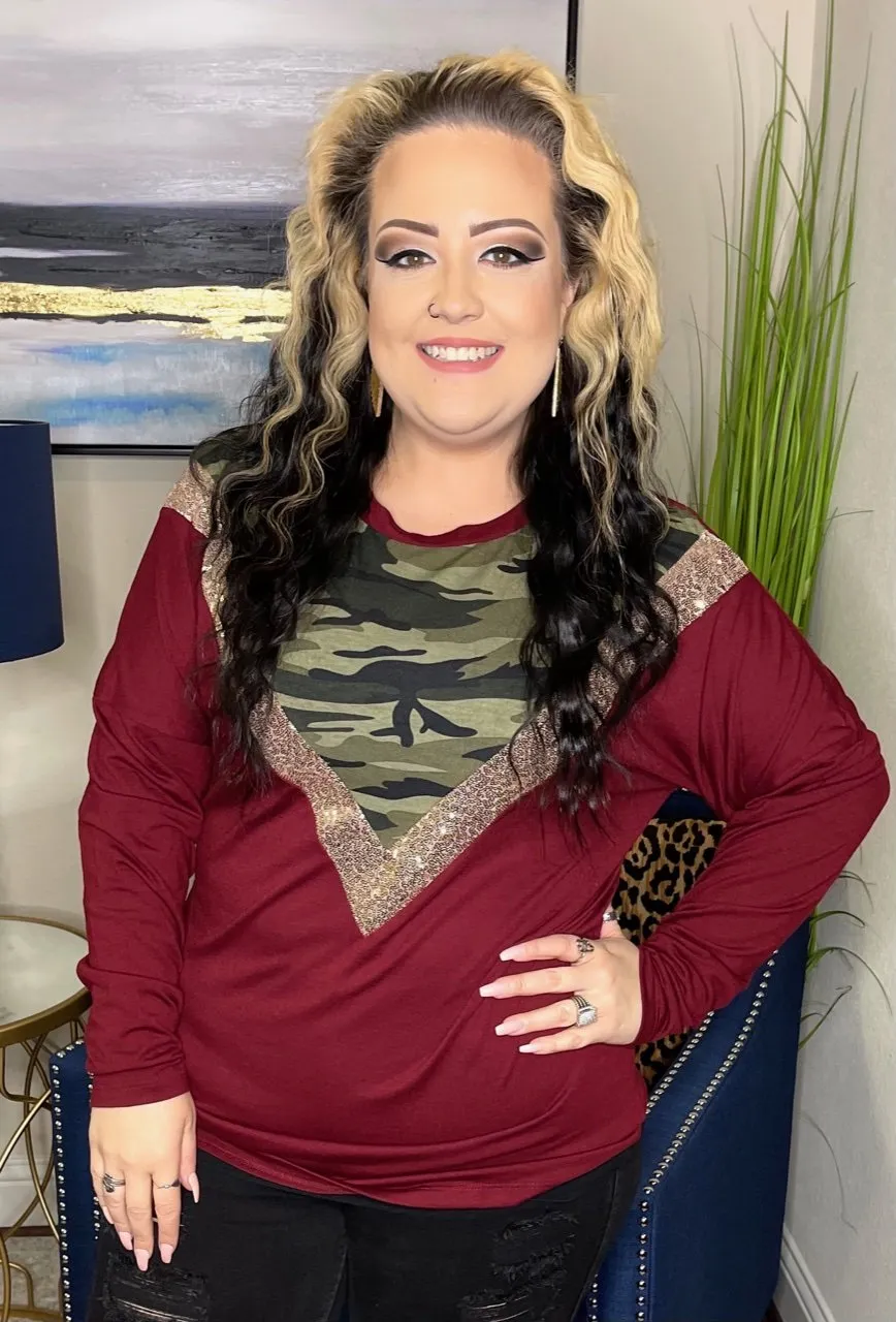 S,L : Maroon Long Sleeve Top with Camo & Sequin V-Neck