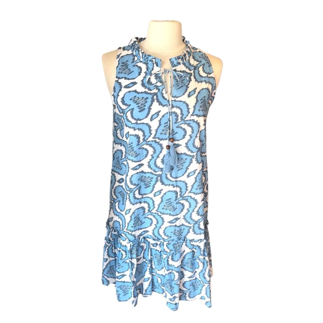 Sleeveless Blue & White Dress With Tassel Tie Neckline