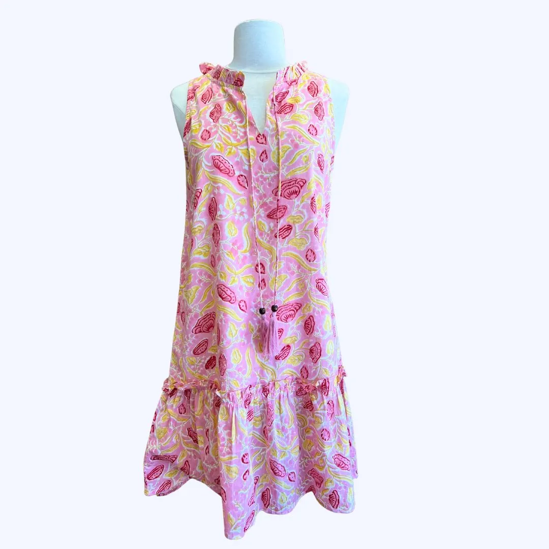 Sleeveless Pink & Yellow Floral With Tassel Tie Neckline