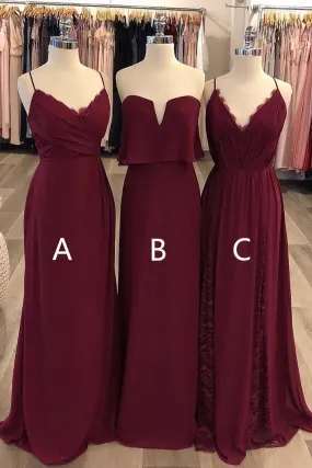 Spaghetti Straps Long A-line Lace Chiffon Bridesmaid Dresses For Wedding