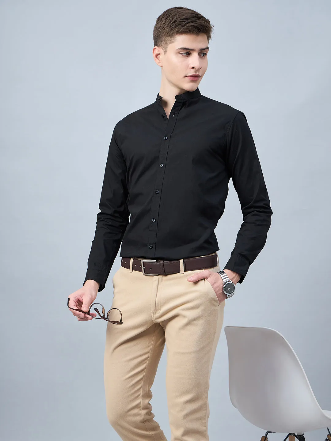 Style Quotient Men Black Cotton Solid Formal Shirt