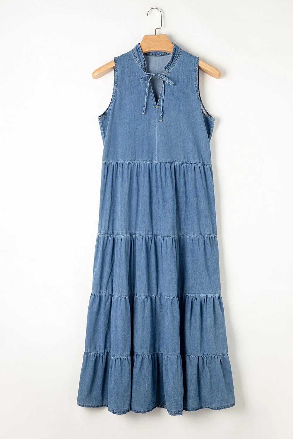 Sunset Vacation Tie Neck Sleeveless Denim Dress