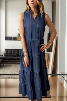 Sunset Vacation Tie Neck Sleeveless Denim Dress