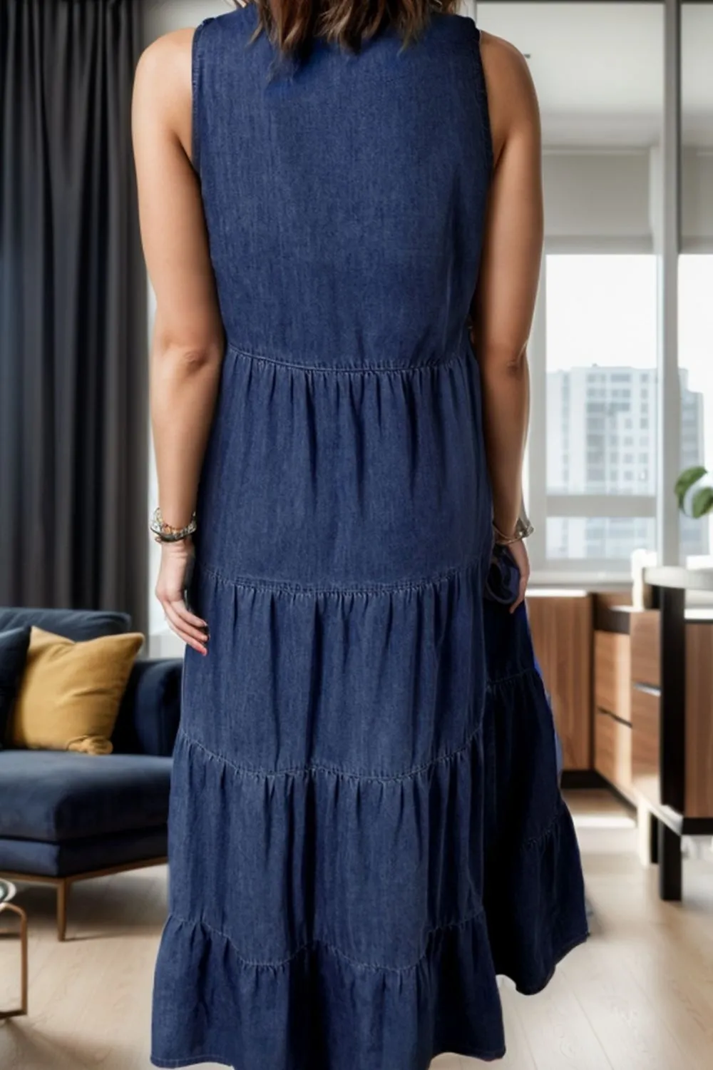 Sunset Vacation Tie Neck Sleeveless Denim Dress