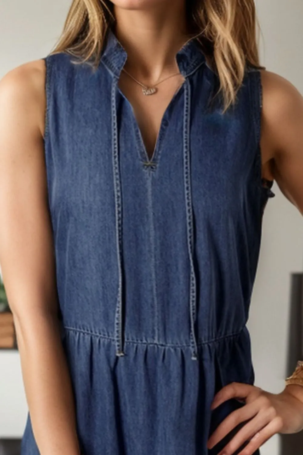 Sunset Vacation Tie Neck Sleeveless Denim Dress