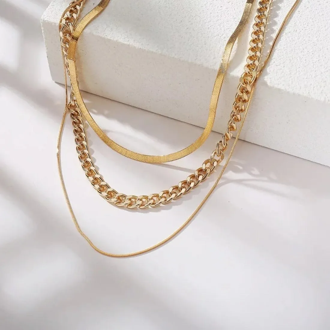 Three Layers Golden Snake Choker Chains Necklace