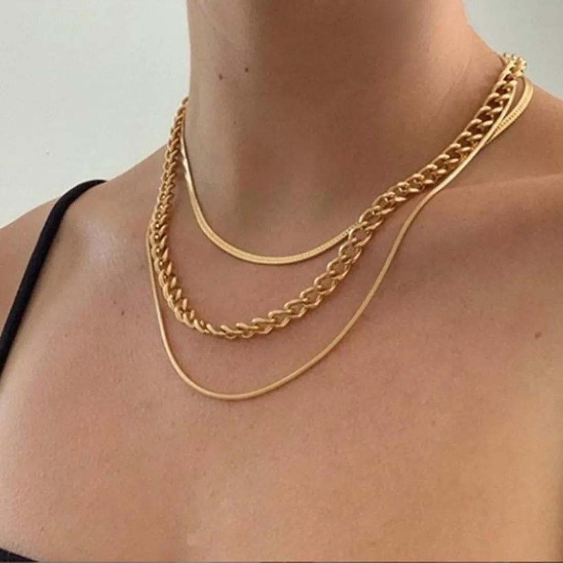 Three Layers Golden Snake Choker Chains Necklace