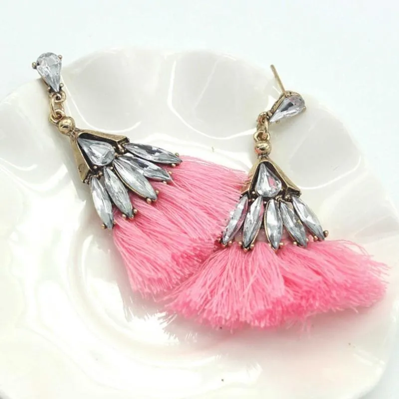 Trixy Tassels Rhinestone and Pink Tassel Earrings