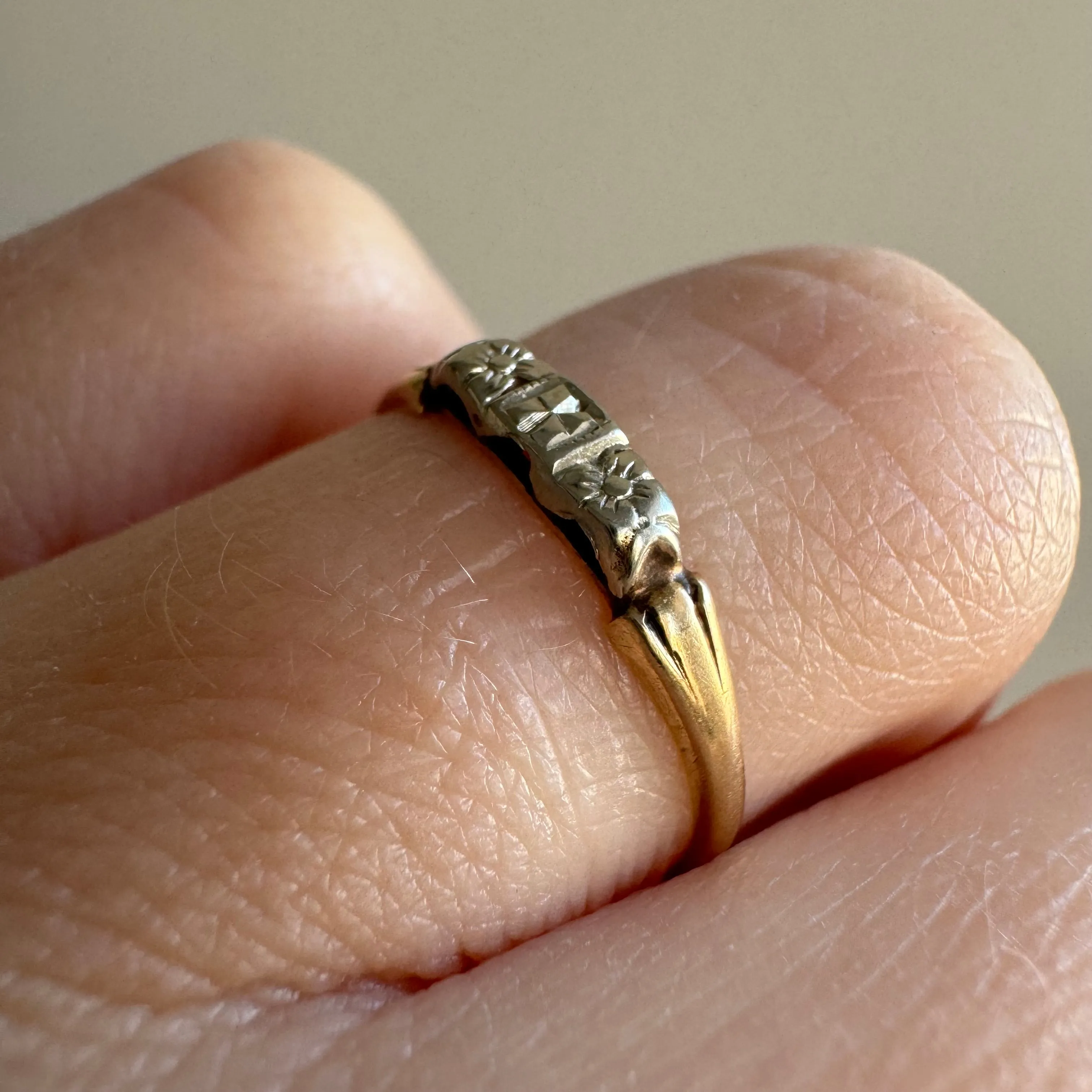 V I N T A G E // tiniest blooms / 14k yellow and white gold floral stacking band / size 4.75