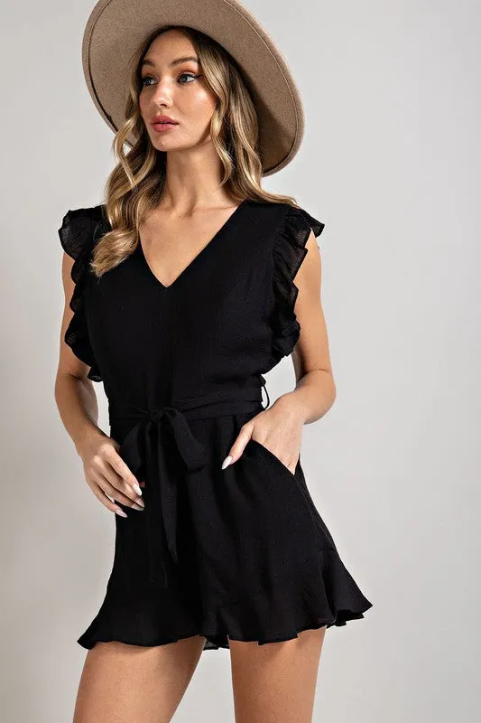 V-NECK RUFFLED WAIST TIE ROMPER