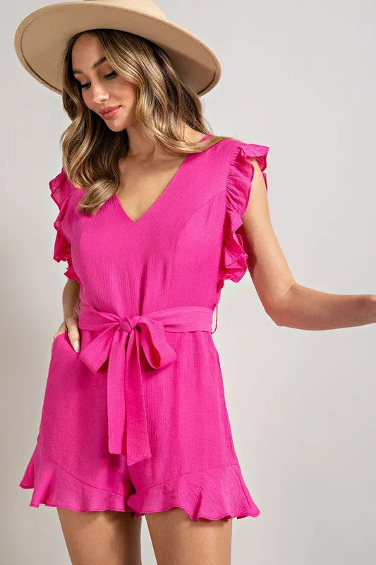 V-NECK RUFFLED WAIST TIE ROMPER