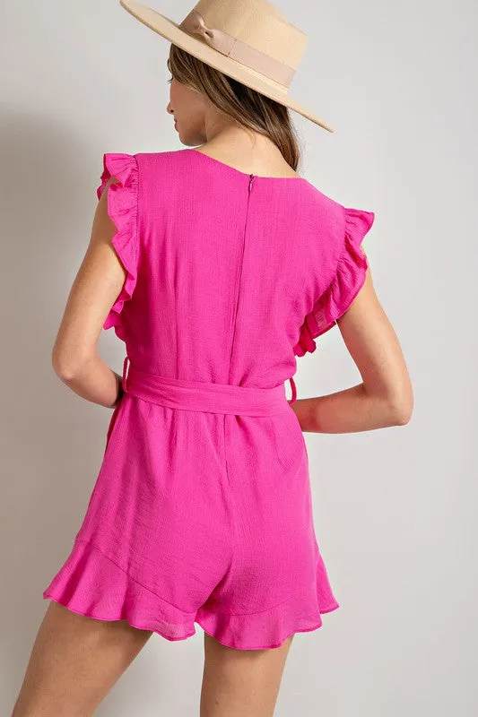 V-NECK RUFFLED WAIST TIE ROMPER