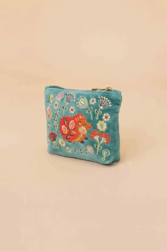 Velvet Embroidered Mini Pouch - Folk Art Hedgehog, Aqua