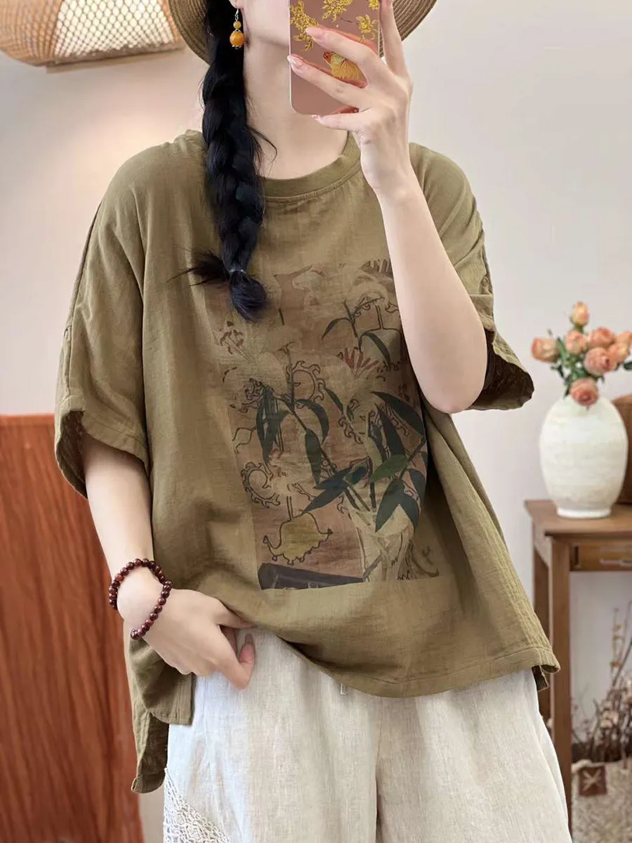 Women Artsy Flower Print Summer Cotton Shirt SC1002