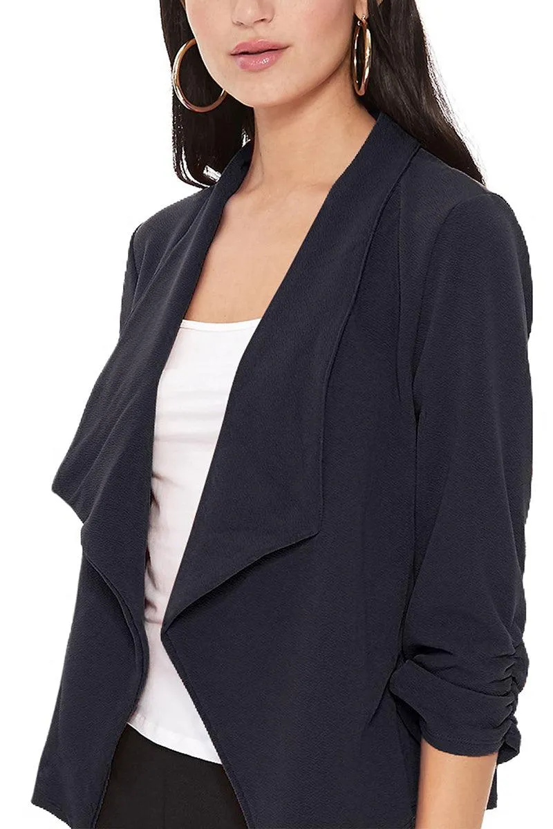 Women's Casual Open Front 3/4 Sleeve Slim Fit Draped Solid Jacket