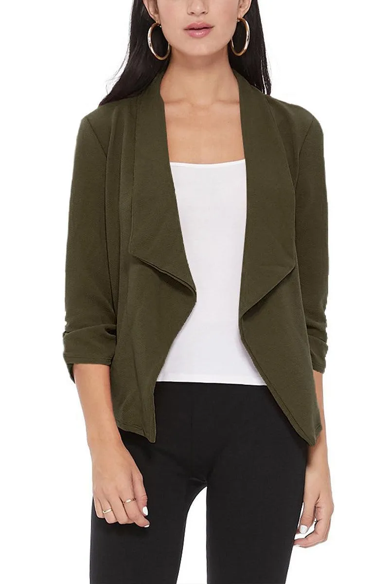 Women's Casual Open Front 3/4 Sleeve Slim Fit Draped Solid Jacket