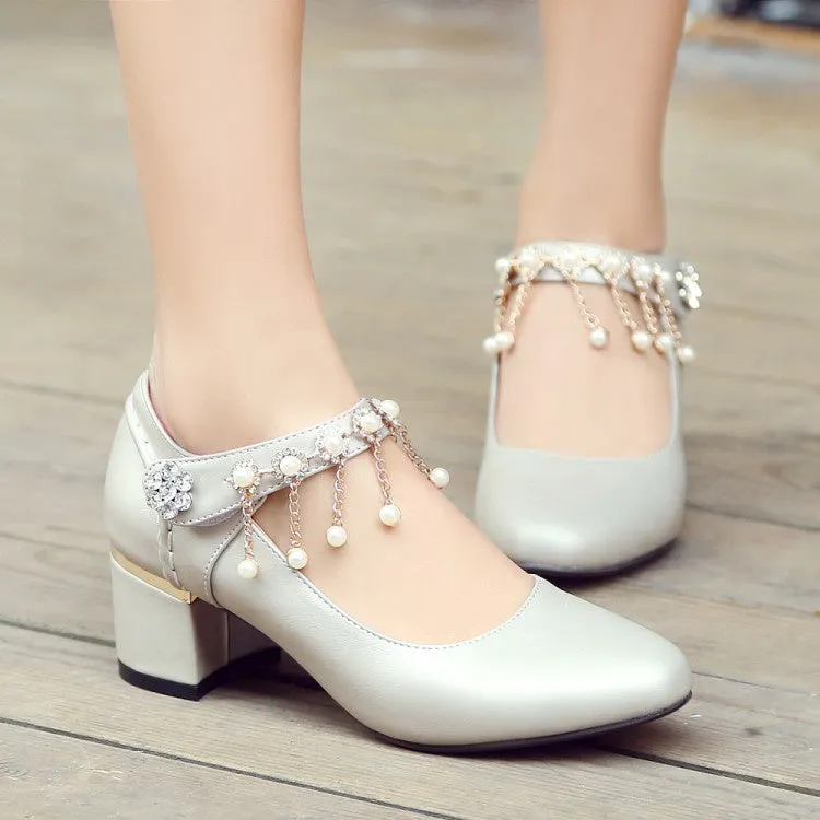 Women's Rhinestone Tassel High Heeled Chunky Heels Pumps