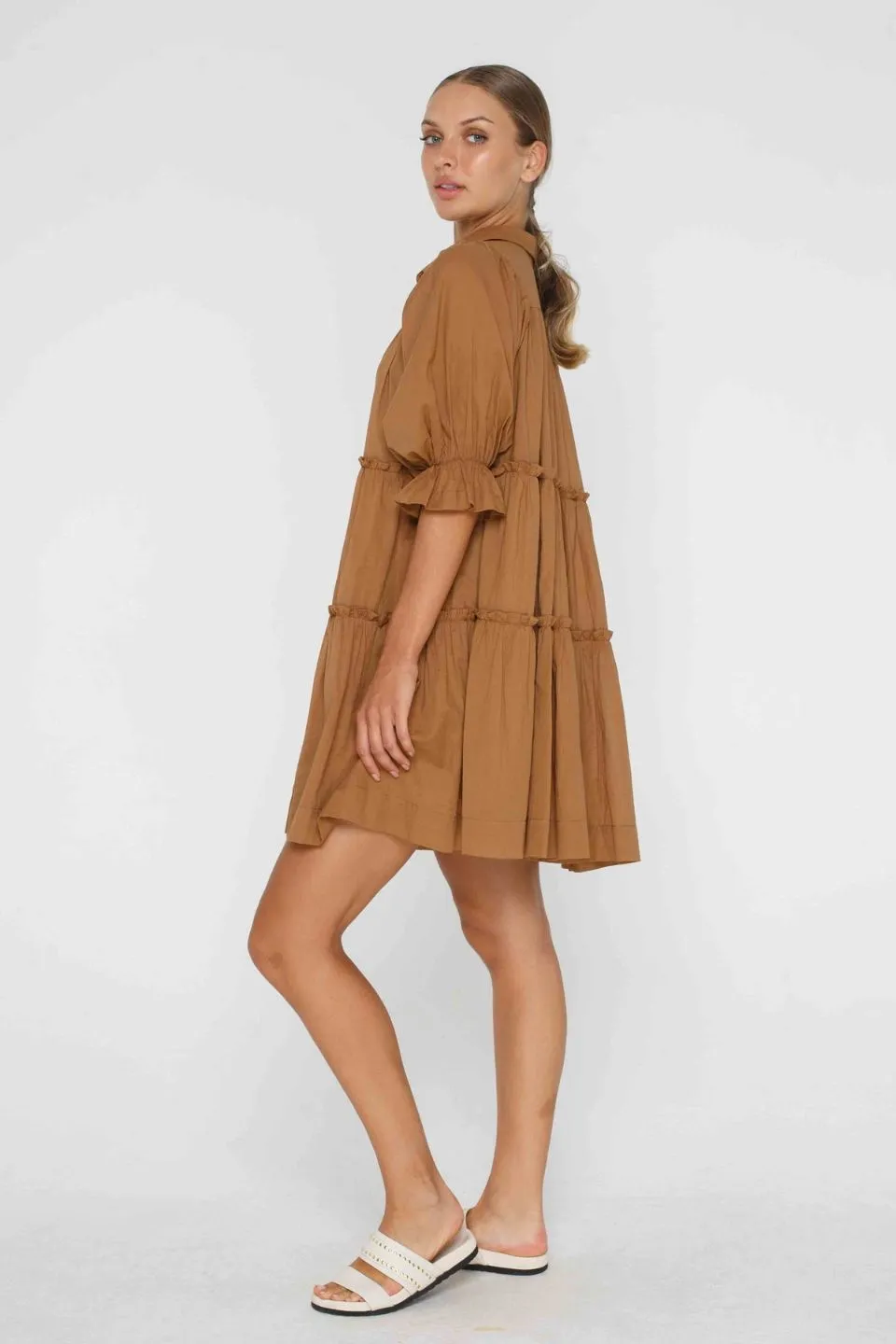 You Put A Spell On Me Caramel Tiered Mini Dress