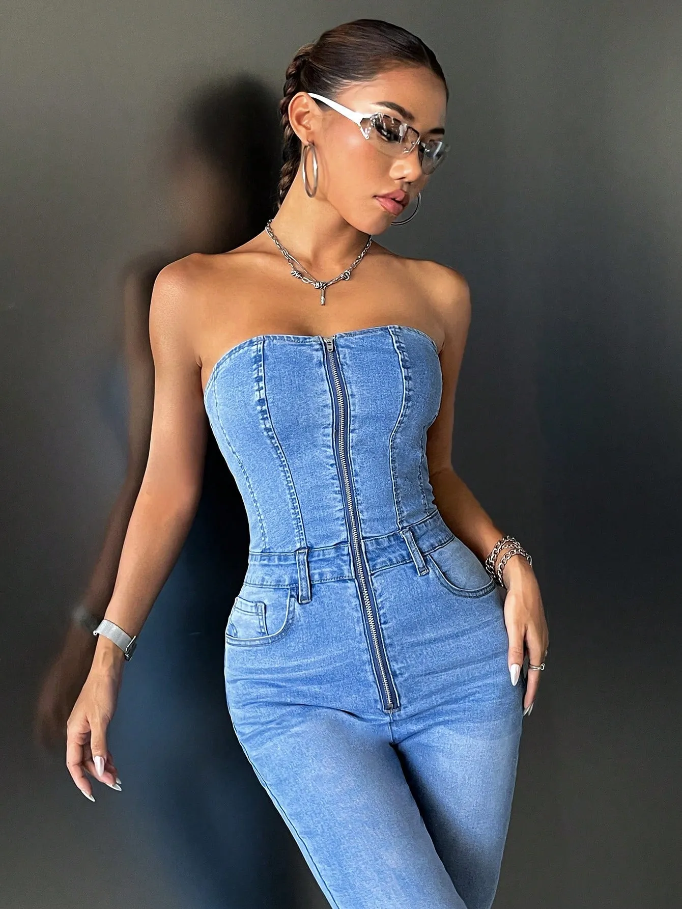 Zip Up Flare Leg Denim Jumpsuit