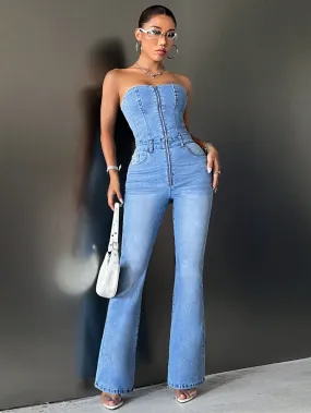 Zip Up Flare Leg Denim Jumpsuit