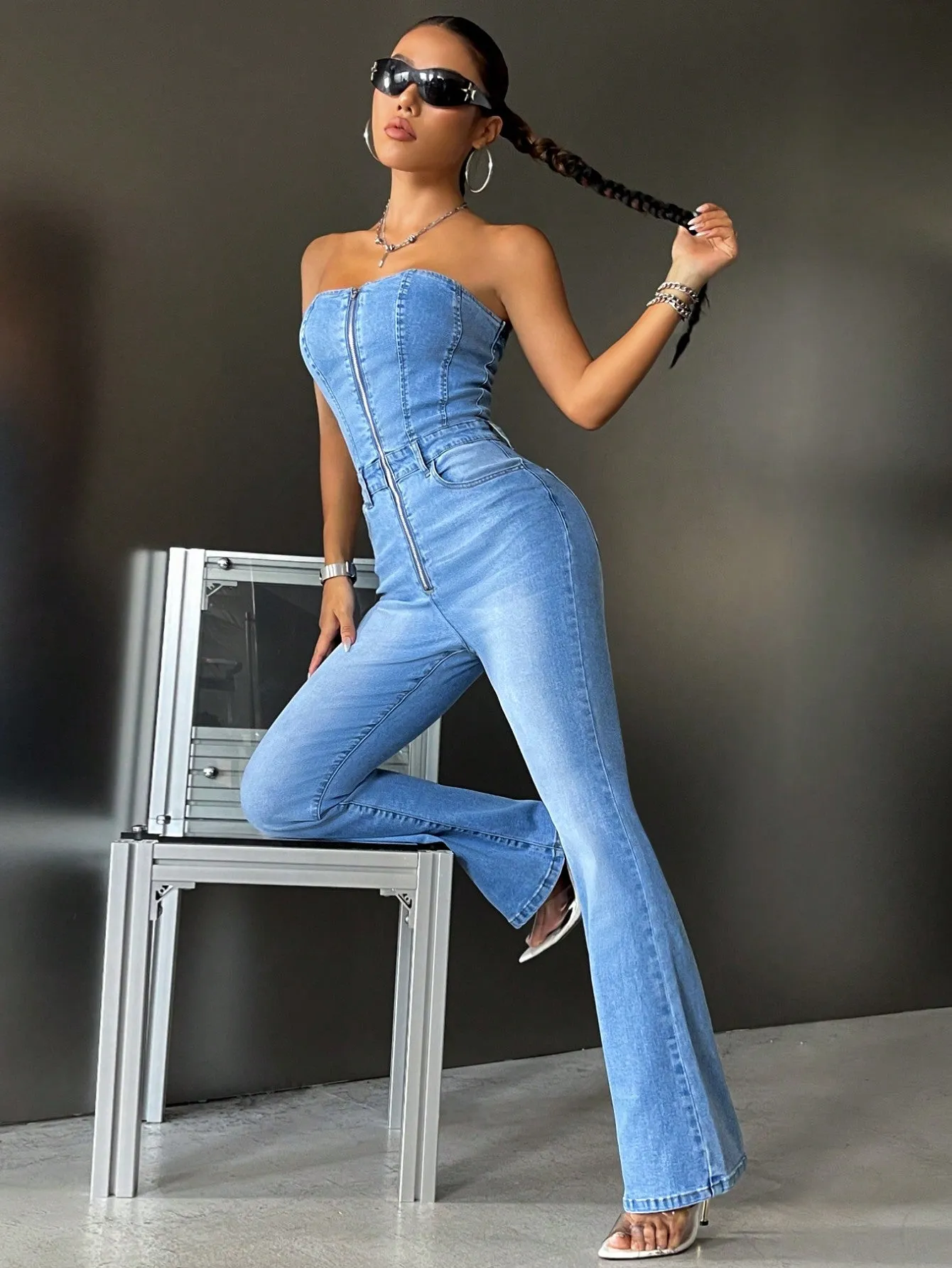 Zip Up Flare Leg Denim Jumpsuit