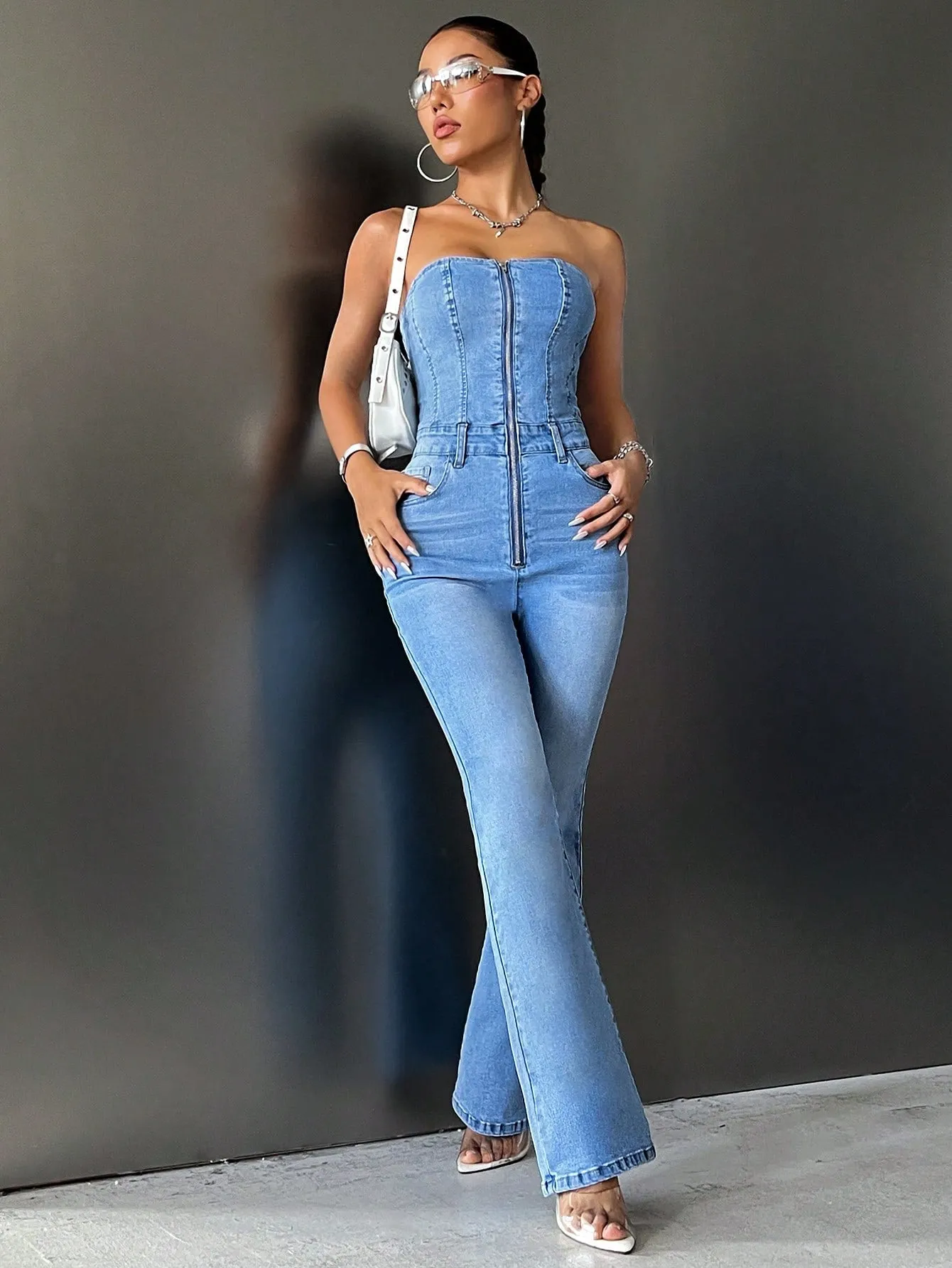 Zip Up Flare Leg Denim Jumpsuit