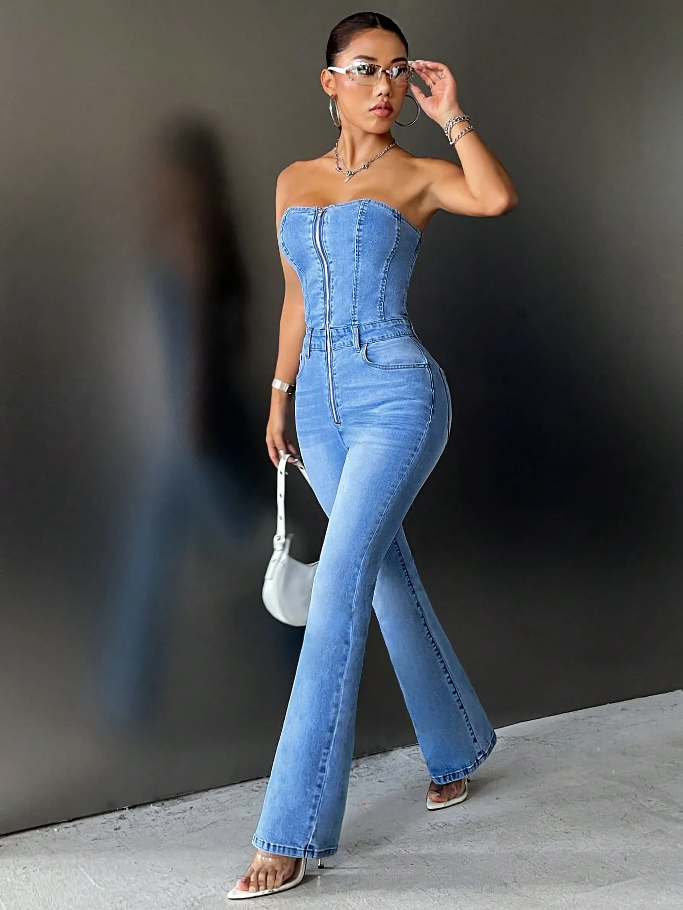 Zip Up Flare Leg Denim Jumpsuit